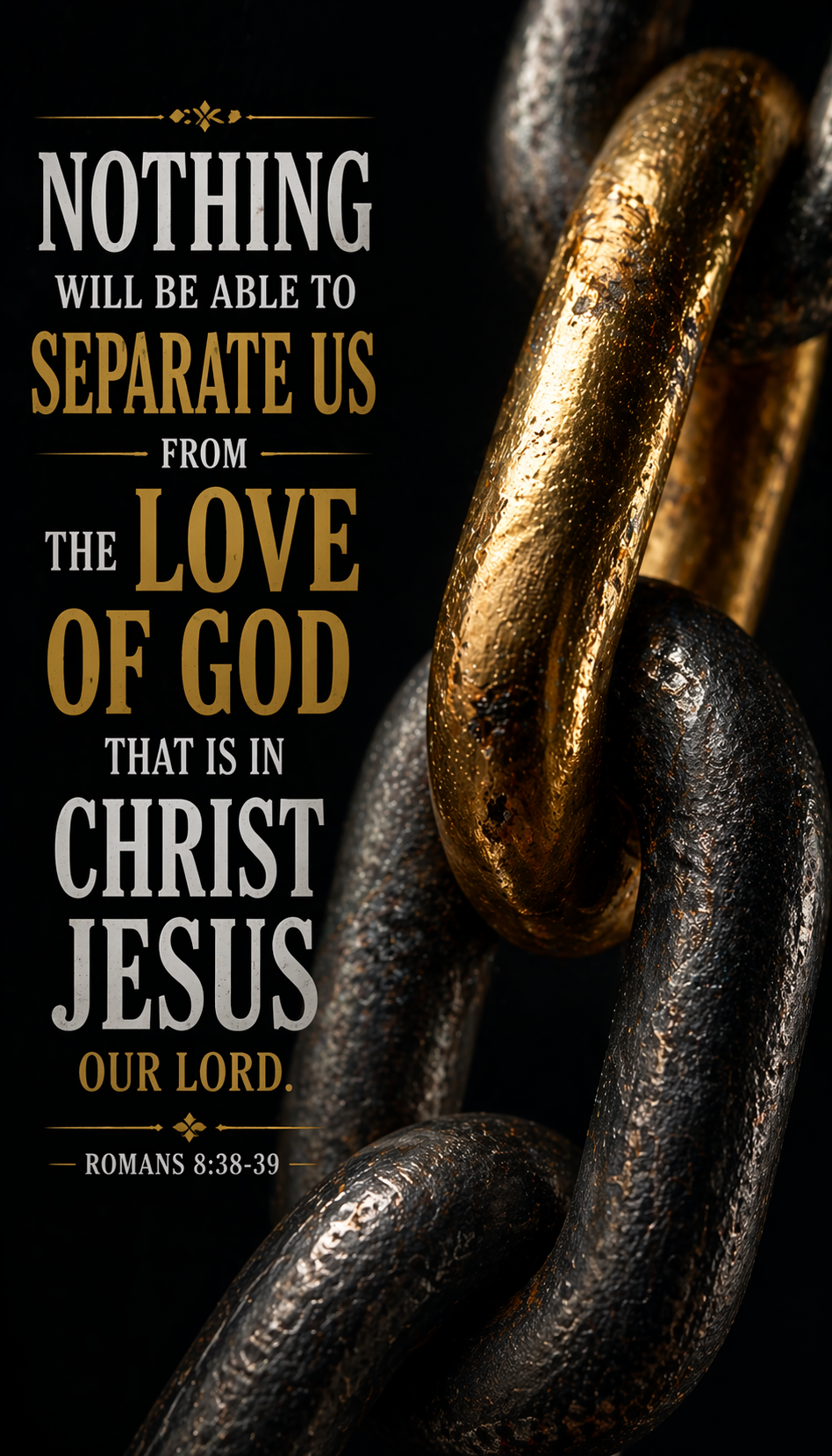 Romans 8:38-39 vertical wallpaper gold and iron chain links interlinked dark background unbreakable bond nothing separate love of God